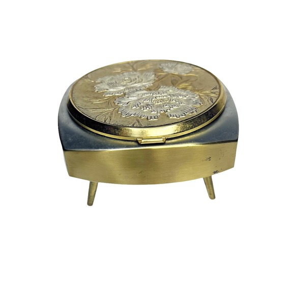 Vintage Cosmetic Loose Powder Footed Music Box Floral Mirror & Powder Puff